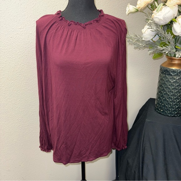 LOFT Tops - LOFT Burgundy Ruffle Neck Blouse Long Sleeve Soft Knit Top Large